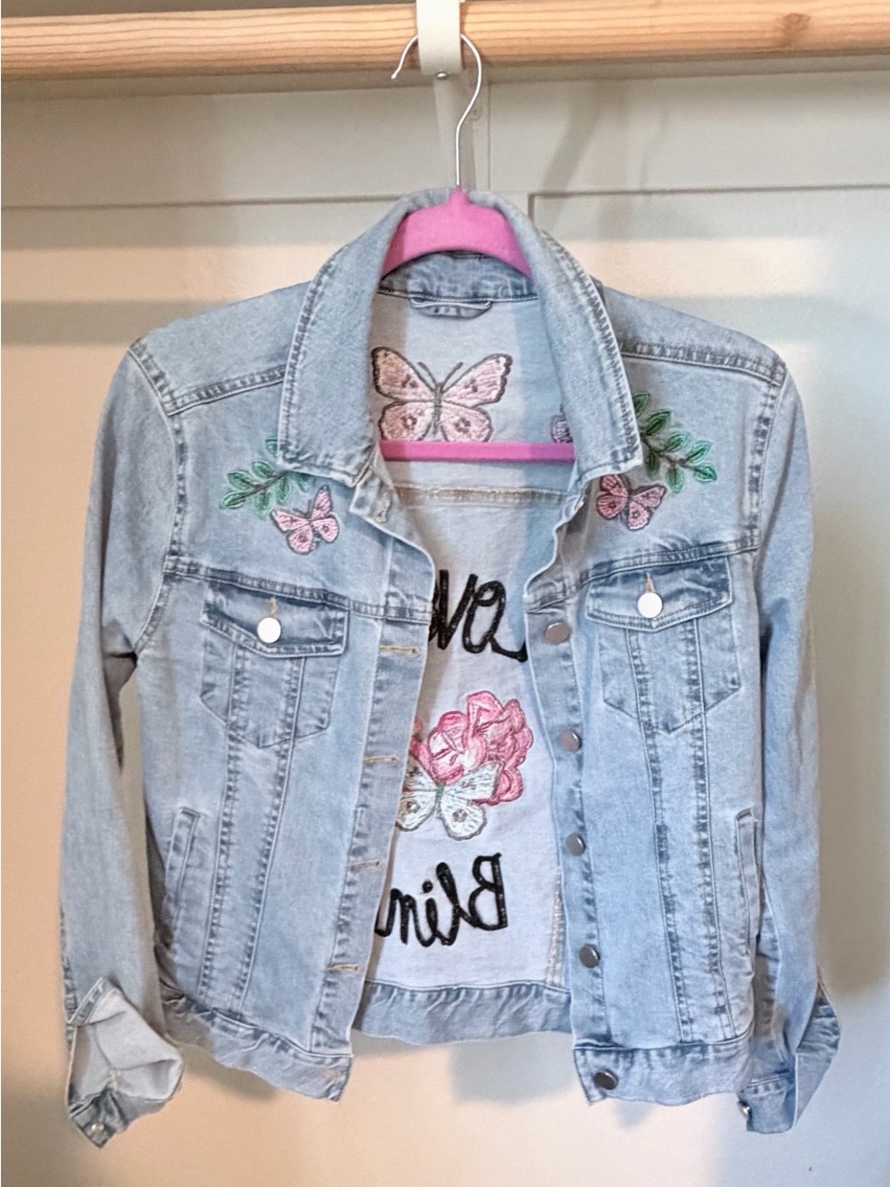 Light Wash Embroidered Butterfly Denim Jacket - Women